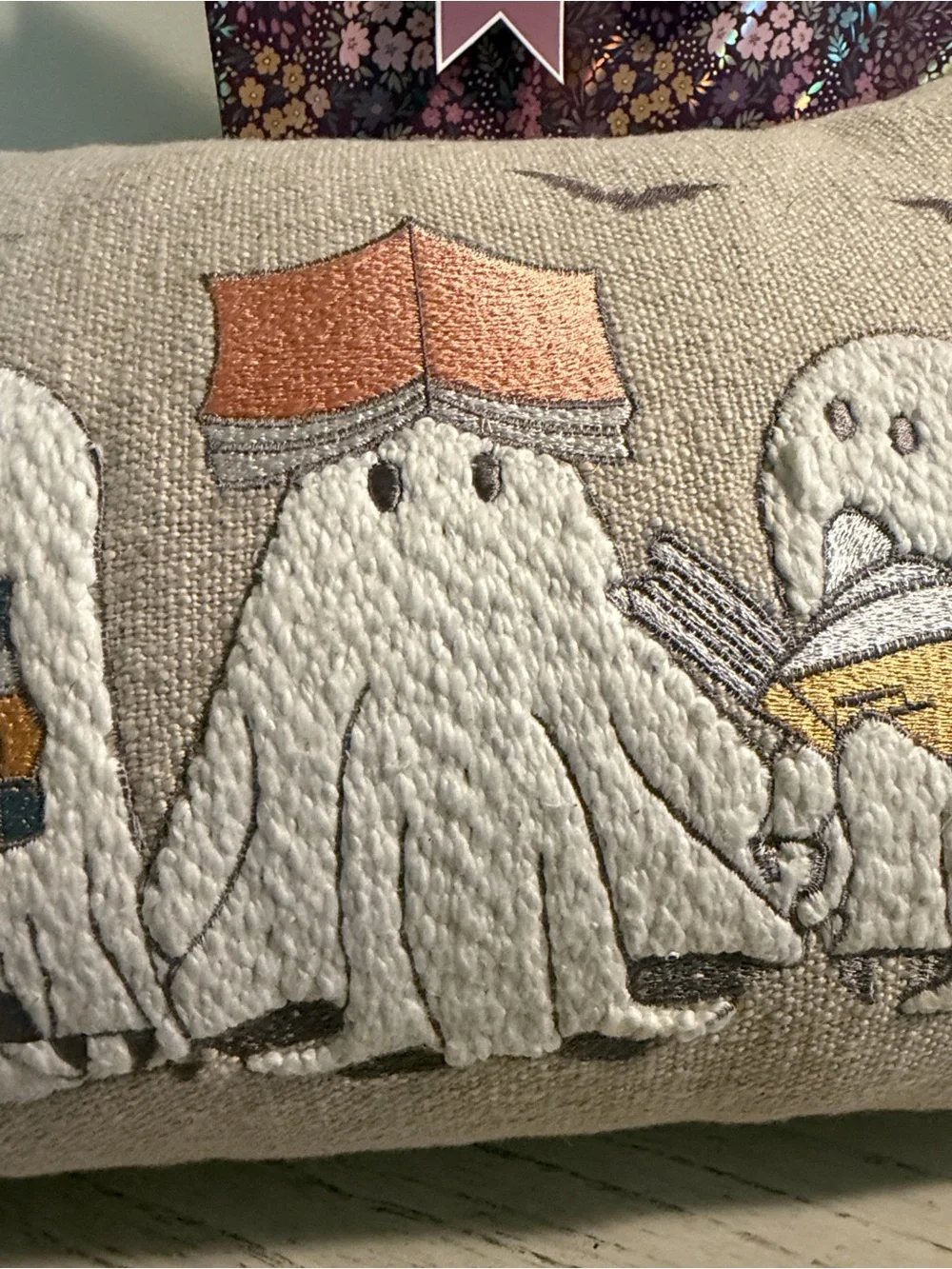 Halloween Ghosts Decorative Pillow - Neutral Beige with Orange & Black Accents